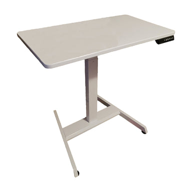 The image shows a Classi Creations Omni Multi-Purpose Electric Lift Stand with a rectangular tabletop. The desk flaunts sturdy construction with a central column supporting the adjustable-height tabletop, attached to a sturdy, flat base with two feet extending outwards. There is a small control panel on the bottom right of the tabletop.