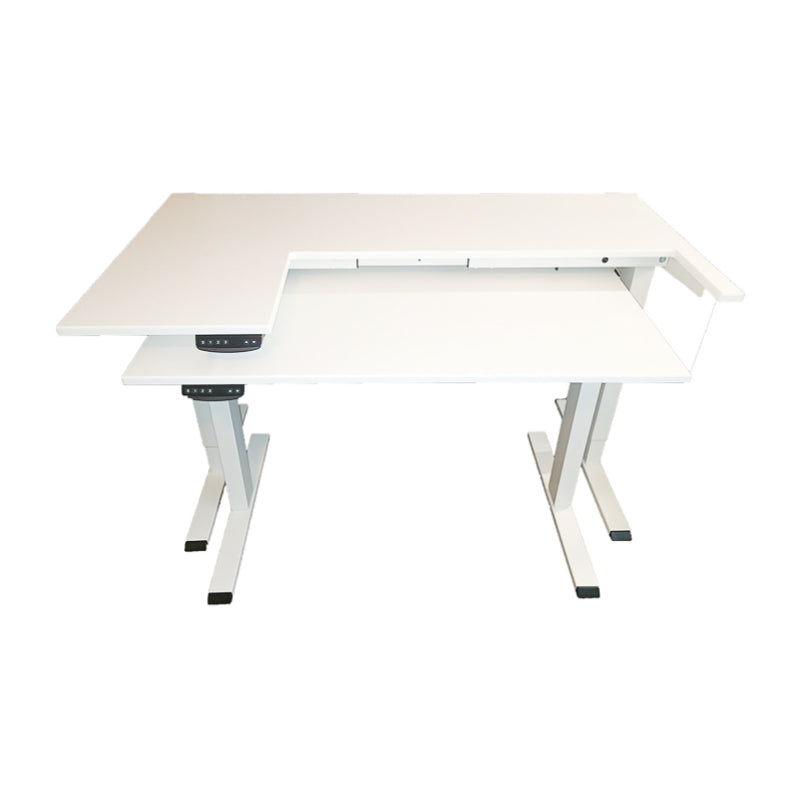 This image shows a white, L-shaped Classi Creations Dual Tier Adjustable Quilting and Sewing Table with an electronic control panel on the left side for height adjustments. The desk, perfect as an adjustable quilting table, has two levels: a main surface and an elevated shelf on the right. It stands on two metal legs with a stable base.