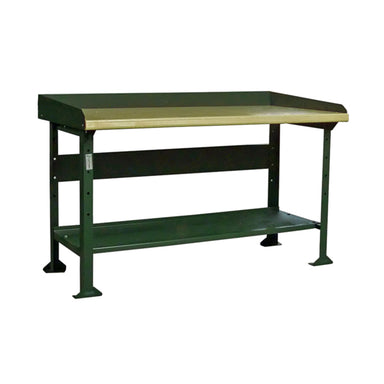 A Pollard Bros. Style 111 Composite Top Open Leg Workbench with a metal frame and a composite shop top surface. It features a raised edge along three sides of the top and an additional storage shelf at the bottom of the frame.