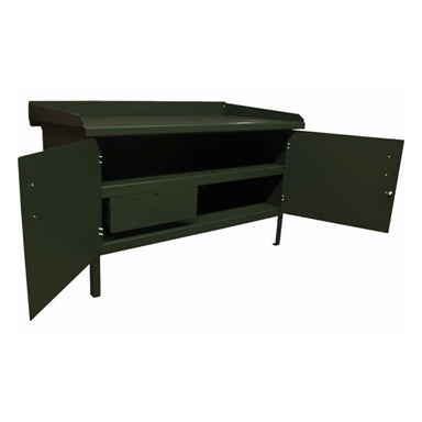 A dark green, metal Pollard Bros. Style 120 Enclosed Steel Top Workbench w/ Optional Drawer with a slanted, formed steel top. The workbench has two doors, both open, revealing two interior shelves. The workbench stands on short legs and features a keyed cylinder lock for added security, making it suitable for indoor or outdoor use.