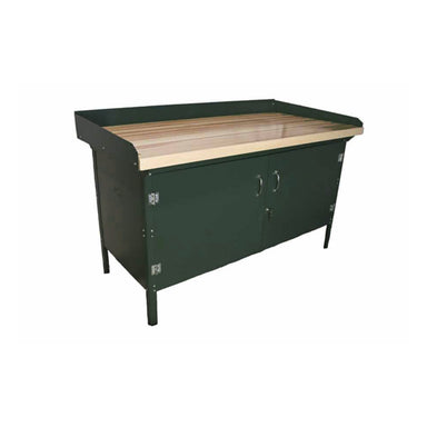 A sturdy, rectangular Pollard Bros. Style 140 Enclosed Hardwood Top Workbench with a butcher block style top and a dark green frame. This Pollard Bros. workbench features a back panel, two front doors with metallic handles, and legs that provide stability. The design is simple and functional, suitable for a workshop or garage setting.