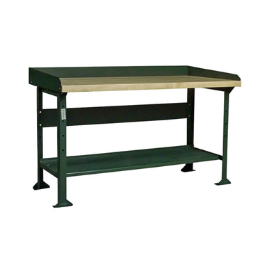 A sturdy green workbench featuring a laminated hardwood top with a wooden work surface. It has a solid metal frame and welded angle iron legs, offering two levels; the main work surface at the top and an additional lower shelf for storage. The back and sides are raised to keep items from falling off. Introducing the Pollard Bros. 141 Hardwood Top Open Leg Workbench by Pollard Bros., combining durability with practical design for all your workshop needs.