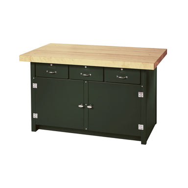 A sturdy green workbench with a laminated hardwood top. The bench features three top drawers with silver handles and two large cabinet doors with locking T-handles. Ideal for workshops and DIY projects, this Pollard Bros. Style 163-530 Lifetime Cabinet WorkBench offers both durability and functionality.