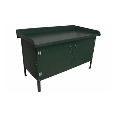 The Pollard Bros. Style 120 Enclosed Steel Top Workbench w/ Optional Drawer is a green metal workbench with a formed steel top, two cabinet doors, and raised sides and back. The doors have silver handles and a keyed cylinder lock. The workbench stands on four legs, with a sturdy appearance suitable for industrial or garage use.