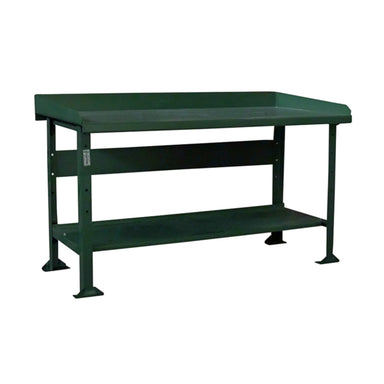 A Pollard Bros. Style 121 Steel Top Open Leg Workbench. The bench boasts a lower shelf and sturdy, angled legs, of which the front two have footpads for stability. The back panel of the bench is higher than the front, creating a slight lip on the top surface.