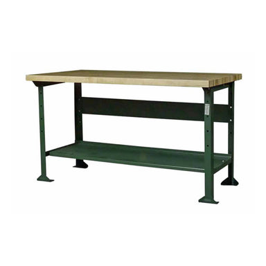 The Pollard Bros. Style 144 Hardwood Top Open Leg Workbench features a laminated hardwood top and a green frame. The bench includes a lower green metal shelf for extra storage, supported by four 200 style bench legs with flat feet for stability.