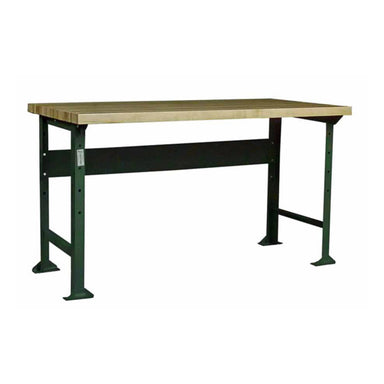 A Pollard Bros. Style 146 Hardwood Top Open Leg Workbench with a laminated hardwood top and sturdy 200 Style Bench Legs. The legs and supporting frame are painted black, and the table includes adjustable brackets for height modification. The simple yet functional design, complemented by the 209 Style Stringer, makes it suitable for various workspaces.