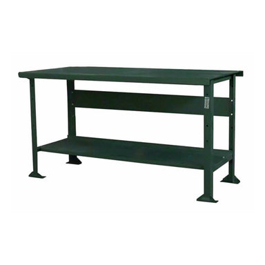 A sturdy, dark green metal workbench with a 12ga steel top and a lower shelf. The **Pollard Bros. Style 124 Steel Top Open Leg Workbench** has four 200 Style Bench Legs with flared bases for stability. It features a simple, industrial design suitable for a workshop or garage setting.