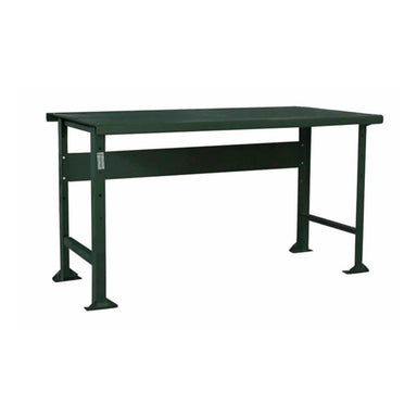 A Pollard Bros. Style 126 Steel Top Open Leg Workbench with a sturdy black metal frame featuring a rectangular 12ga steel top and four 200 style bench legs. There is a horizontal 209 style stringer connecting the legs on the left and right sides. The workbench, from Pollard Bros., is simple and industrial in design, suitable for various tasks and workshop environments.