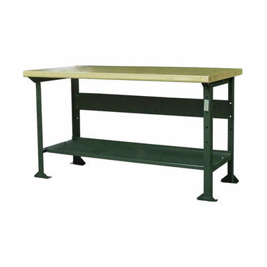 A Pollard Bros. Style 114 Composite Top Open Leg Workbench with a composite shop top and green metal frame. The bench has a flat, spacious surface and a lower metal shelf for additional storage. The solid bench legs have wide, stable bases for support.