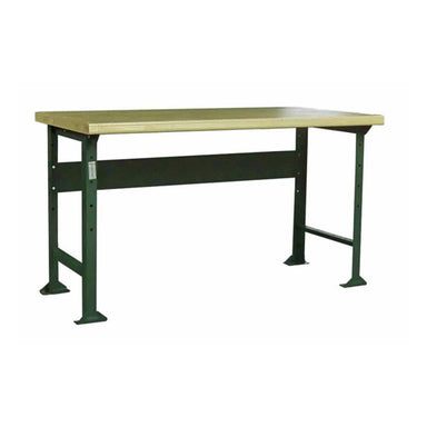 A sturdy workbench with a wooden top and metal frame featuring green bench legs, the Pollard Bros. Style 116 Composite Top Open Leg Workbench has a simple and functional design, suitable for use in workshops or garages. The lumber core surface is spacious, providing ample space for various tasks.