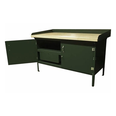 A Pollard Bros. Style 140 Enclosed Hardwood Top Workbench. The workbench features two storage compartments; one has an open door revealing a shelf and a drawer, while the other compartment's door is closed. The bench is supported by sturdy legs.