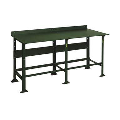 A heavy-duty green metal workbench with a steel plate top, back guard, and sturdy legs, designed for industrial or workshop use. The Pollard Bros. Style 152 HD Plate Top Workbench has a minimalist design and appears robust and durable, suitable for various work tasks. Plus, it comes with a lifetime structural warranty for added peace of mind.