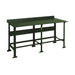 A heavy-duty green metal workbench with a steel plate top, back guard, and sturdy legs, designed for industrial or workshop use. The Pollard Bros. Style 152 HD Plate Top Workbench has a minimalist design and appears robust and durable, suitable for various work tasks. Plus, it comes with a lifetime structural warranty for added peace of mind.