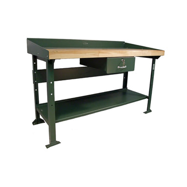 A Pollard Bros. Style 131 Steel-Wood Open Leg Top Workbench, this green metal piece features a slanted backboard, laminated maple bench top, a built-in drawer beneath the work surface, and a lower shelf for extra storage. It stands firm on four sturdy legs, perfect for workshop use.