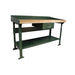 A Pollard Bros. Style 131 Steel-Wood Open Leg Top Workbench, this green metal piece features a slanted backboard, laminated maple bench top, a built-in drawer beneath the work surface, and a lower shelf for extra storage. It stands firm on four sturdy legs, perfect for workshop use.