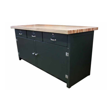 A Pollard Bros. Style 163-630 Lifetime Cabinet Workbench with a laminated hardwood top and a dark-colored frame. It features three drawers with locking T-handles on the front upper section and two cabinets with keyed cylinder locks at the bottom, providing ample storage space. The design is industrial and functional.