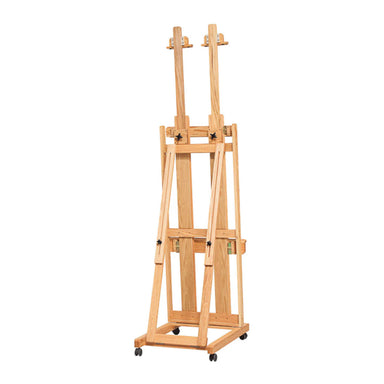 A compact easel with an adjustable height mechanism and four front-locking plastic casters for enhanced mobility, the BEST Ultimate Easel by BEST includes parts for securing a canvas and can accommodate large works, standing on a sturdy, rectangular base.