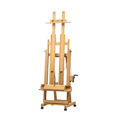 A sturdy, multi-functional BEST Elegant H-Frame Easel by BEST with adjustable height and angle settings. It features a winch and pulley system for fine adjustments, a central support for canvases, a storage drawer for supplies, and is mounted on wheels for easy mobility.