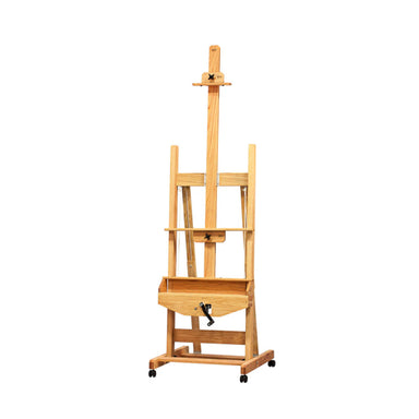 The BEST Crank Easel by BEST is a wooden artist's easel with an adjustable holder for canvases and a lower shelf for art supplies. Crafted from oak construction, the easel includes a heavy-duty crank system for precise adjustments. Mounted on small wheels for easy mobility, it supports a maximum canvas height of 66 inches.
