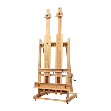 The BEST Abiquiu Deluxe Easel w/ Optional Tray, crafted from hand-rubbed solid oak, features adjustable height and width to accommodate large canvases. It boasts a sturdy base with wheels for mobility, knobs for adjustments, a heavy-duty marine winch pulley system, and a horizontal tray for holding art supplies.
