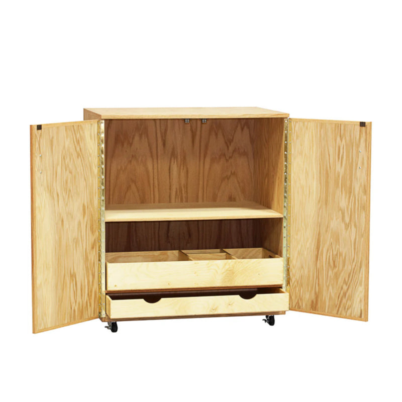 Wooden storage cabinet with a natural finish and two open doors. The interior features a removable shelf in the middle and a lower section with two sliding drawers. This BEST Art Cart by BEST is on wheels for easy mobility, making it the BEST Art Cart for all your creative needs.