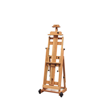 An all-purpose easel is shown in a folded position. This wooden artist's easel stands on four caster wheels for mobility and features adjustable mechanisms for different canvas sizes, making it an ideal mobile easel. The background is plain white. The all-purpose BEST Portable Collapsible Easel by BEST offers flexibility and convenience for artists on the move.